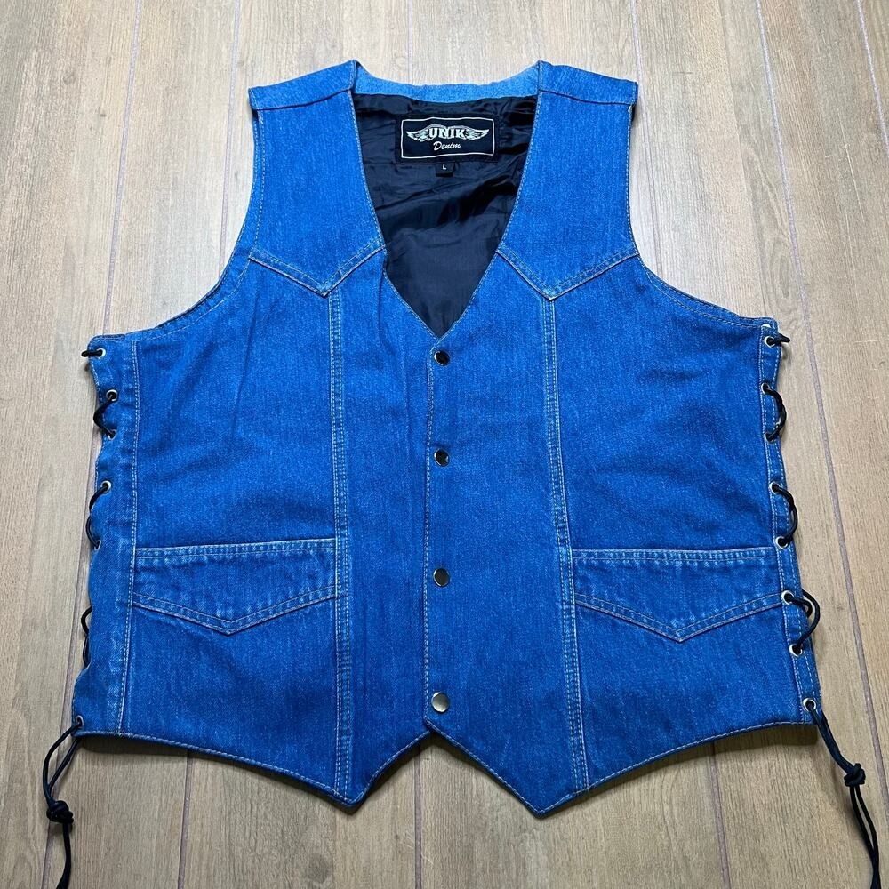UNIK‎ Denim Vest Mens L Blue Vintage Biker Lace Up Side Snap Front Motorcycle